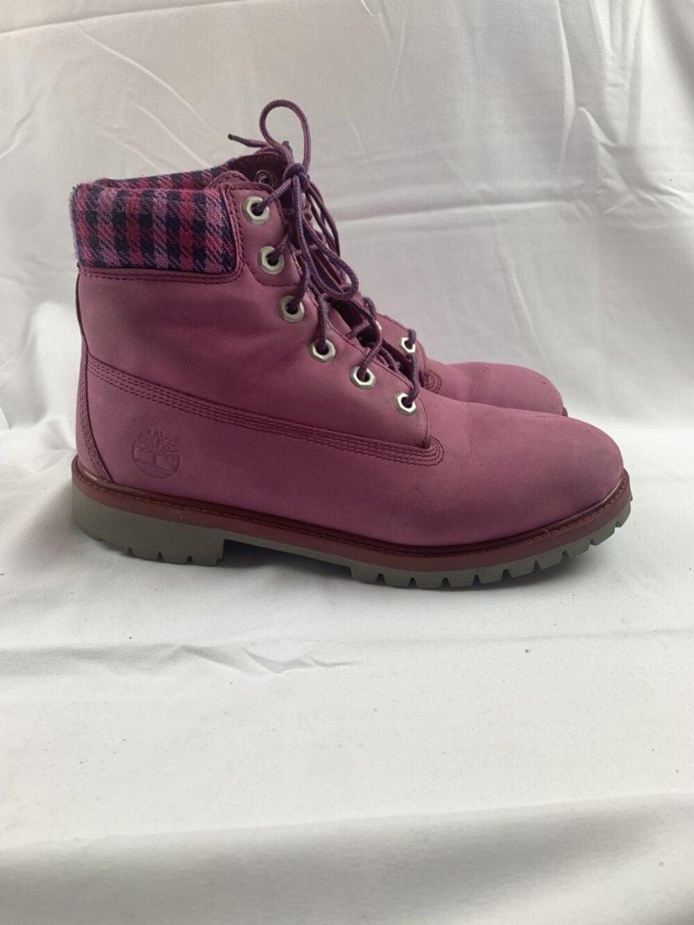 Timberland 6 Inch Premium Boots Pink Nubuck Plaid Collar Junior 6